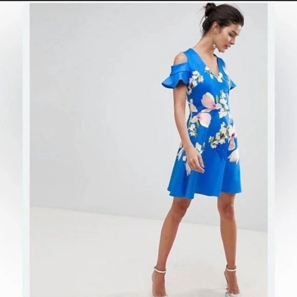 Ted  Baker Dress Blue Floral Ambre Harmony Cold Shoulder Flutter Sleeve 2, EUC